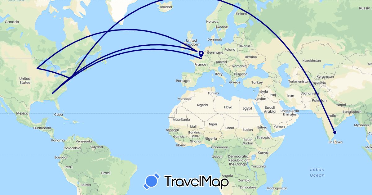 TravelMap itinerary: driving in France, United Kingdom, India, United States (Asia, Europe, North America)